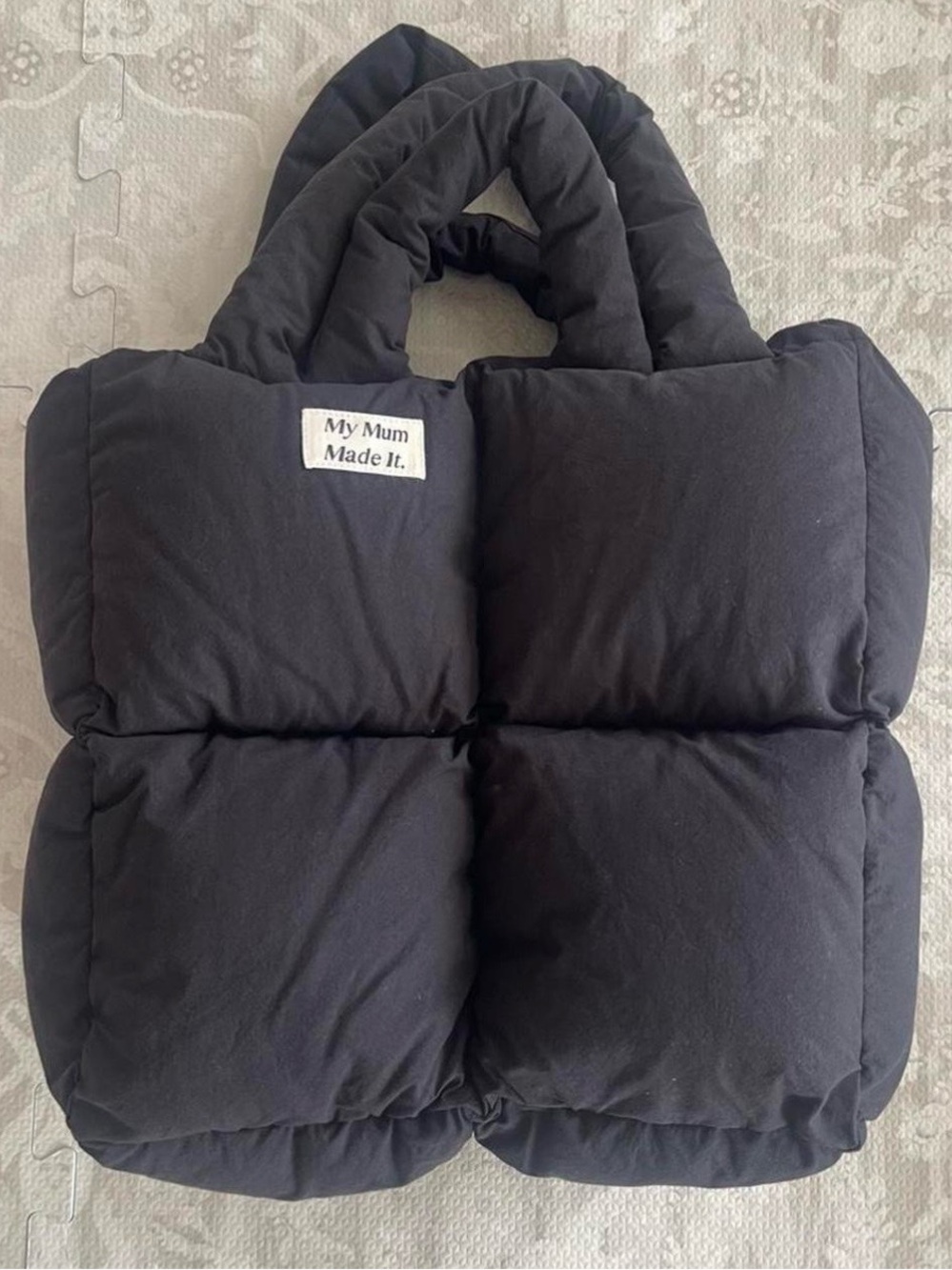 My Mum Made It Puffy Quilted Tote Bag in Black